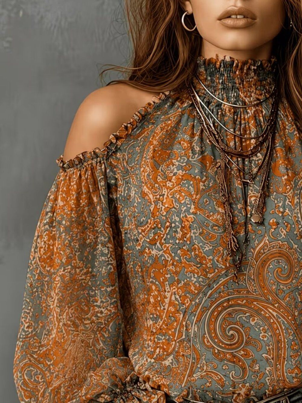 NWT Boho Paisley Cold Shoulder Blouse Ruffle Mock Neck Khaki Rust 14 - Picture 4 of 4